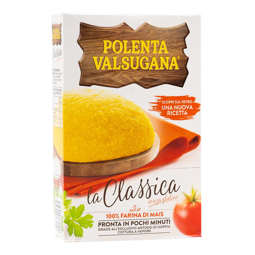 Confezione di Polenta Valsugana Classica con farina di mais precotta a vapore. Mais 100% italiano, senza glutine. Pronta in circa 8 minuti.